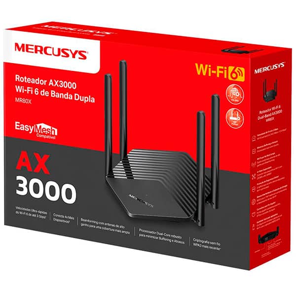 Roteador Wireless EasyMesh WiFi 6, Dual Band AX3000, 3 portas, Archer AX53, MR80X, Mercusys - CX 1 UN Roteador Wireless EasyMesh WiFi 6, Dual Band AX3000, 3 portas, Archer AX53, MR80X, Mercusys - CX 1 UN
