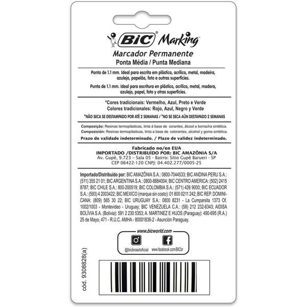 Pincel Marcador Permanente BIC Marking Intensity, Ponta Média de 1.1mm, 4 Cores Clássicas, com Grip Emborrachado, 903886 - BT 1 UN