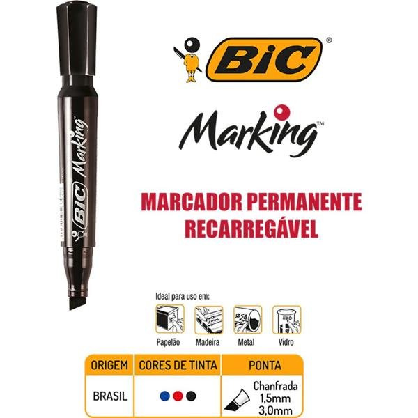 Marcador Permanente BIC Marking, Preto, Recarregável, Ponta Chanfrada, 1.5 a 3.0mm, 904213 - BT 1 UN