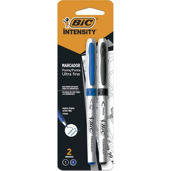 Pincel marcador permanente, 0.6mm, Ultra fine, Azul e Preta, 935847, Bic - BT 2 UN