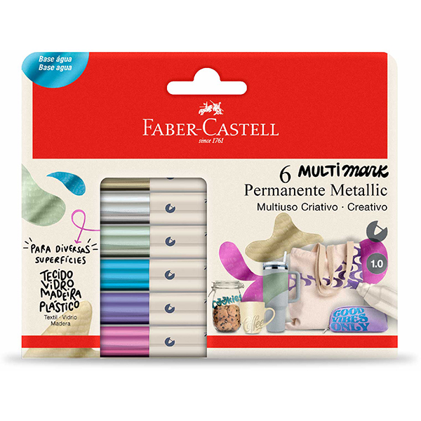 Marcador Multisuperfície MultiMark, Ponta fina de 1,0mm, 6 cores, Faber-Castell - BT 6 UN Marcador Multisuperfície MultiMark, Ponta fina de 1,0mm, 6 cores, Faber-Castell - BT 6 UN