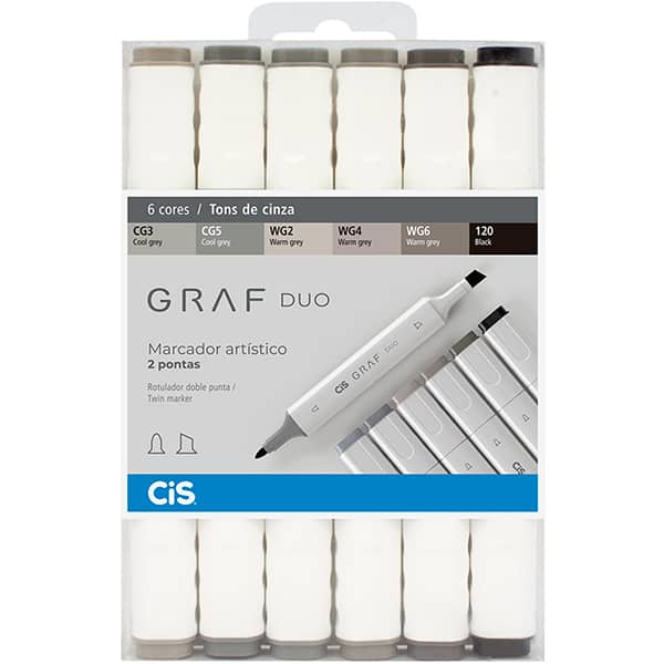 Caneta marcadora artística duo Graf, Tons de Cinza, 59.7700, Cis - BT 6 UN
