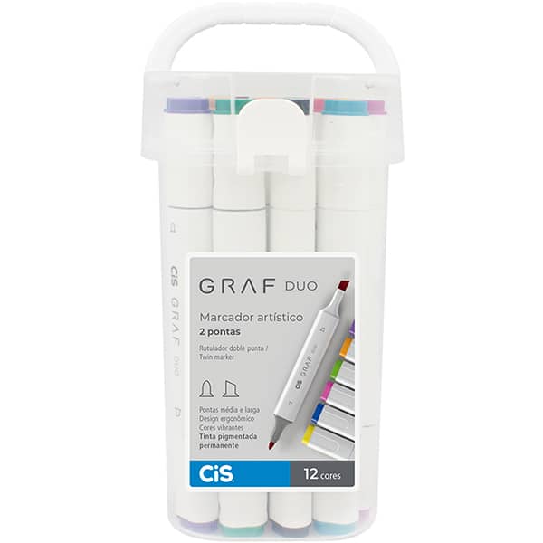 Caneta marcadora artística Graf Duo, 2 pontas, 12 cores, Cis - BT 12 UN