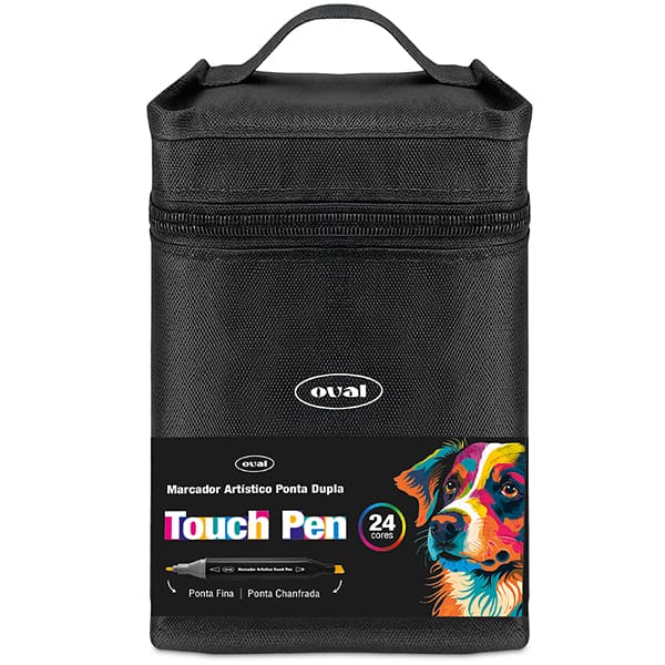 Caneta Marcadora Artística Touch Pen 24 Cores Ponta Dupla (Chanfrada e Fina) com Estojo com Zíper, Oval - BT 24 UN