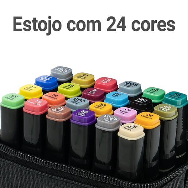 Caneta Marcadora Artística Touch Pen 24 Cores Ponta Dupla (Chanfrada e Fina) com Estojo com Zíper, Oval - BT 24 UN