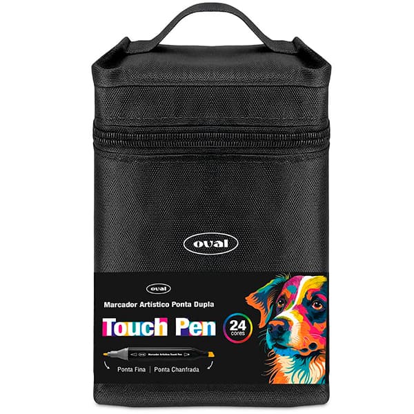Caneta Marcadora Artística Touch Pen 24 Cores Ponta Dupla (Chanfrada e Fina) com Estojo com Zíper, Oval - BT 24 UN