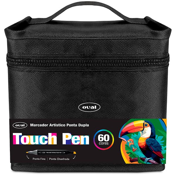 Caneta Marcadora Artística Touch Pen 60 Cores Ponta Dupla (Chanfrada e Fina) com Estojo com Zíper, Oval - BT 60 UN
