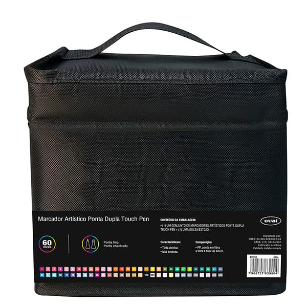 Caneta Marcadora Artística Touch Pen 60 Cores Ponta Dupla (Chanfrada e Fina) com Estojo com Zíper, Oval - BT 60 UN