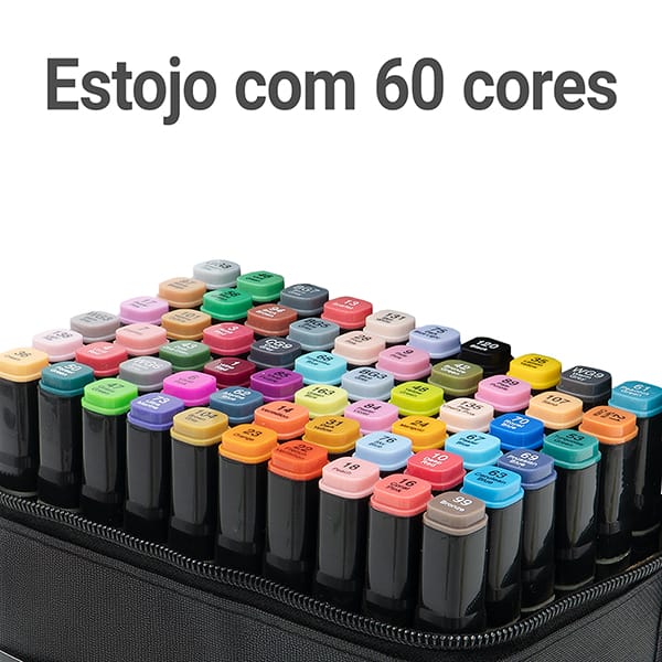 Caneta Marcadora Artística Touch Pen 60 Cores Ponta Dupla (Chanfrada e Fina) com Estojo com Zíper, Oval - BT 60 UN