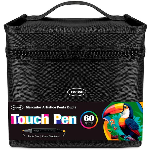 Caneta Marcadora Artística Touch Pen 60 Cores Ponta Dupla (Chanfrada e Fina) com Estojo com Zíper, Oval - BT 60 UN