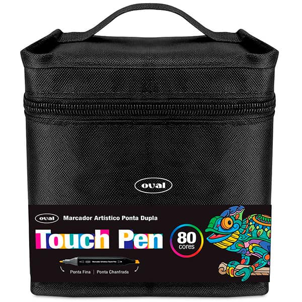 Caneta Marcadora Artística Touch Pen 80 Cores Ponta Dupla (Chanfrada e Fina) com Estojo com Zíper, Oval - BT 80 UN