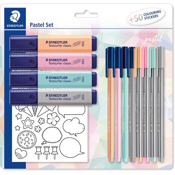 Kit Tom Pastel Set com 4 pincéis Marca-texto Textsurfer Classic, 4 Canetas Hidrográficas Triplus Fineliner, 4 Hidrográficas Triplus Color e 50 Artes para colorir - Staedtler - BT 1 KT