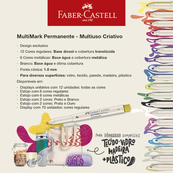 Pincel marcador permanente Multimark, 1.0mm, Estojo com 6 Cores, MM/ES106ZF, Faber-Castell - CX 6 UN
