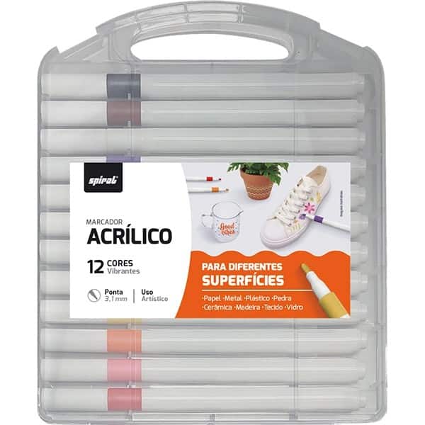 Pincel Marcador Permanente Acrílico, Ponta de 3.1mm, com 12 cores Vibrantes, Spiral - CX 1 UN Pincel Marcador Permanente Acrílico, Ponta de 3.1mm, com 12 cores Vibrantes, Spiral - CX 1 UN