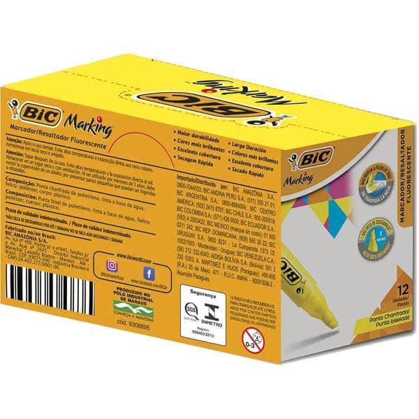 Marca Texto Amarelo Fluorescente Ponta Chanfrada 904396 BIC CX 12 UN