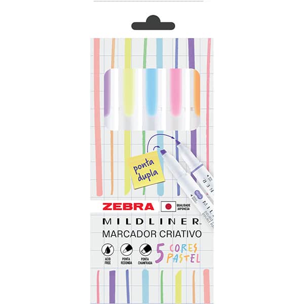 Pincel marca texto Mildliner com 5 cores pastel, 23.079, Zebra - BT 5 UN Pincel marca texto Mildliner com 5 cores pastel, 23.079, Zebra - BT 5 UN