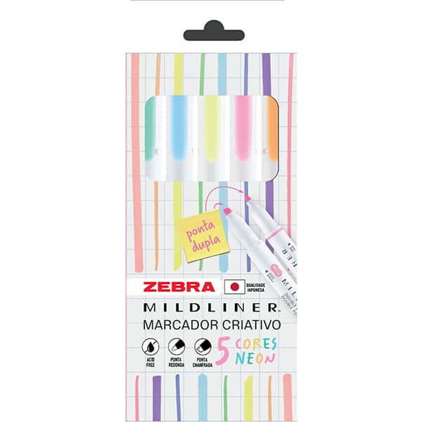 Pincel marca texto Mildliner, Ponta dupla, 5 Cores Neon, Zebra BT 5 UN Pincel marca texto Mildliner, Ponta dupla, 5 Cores Neon, Zebra BT 5 UN