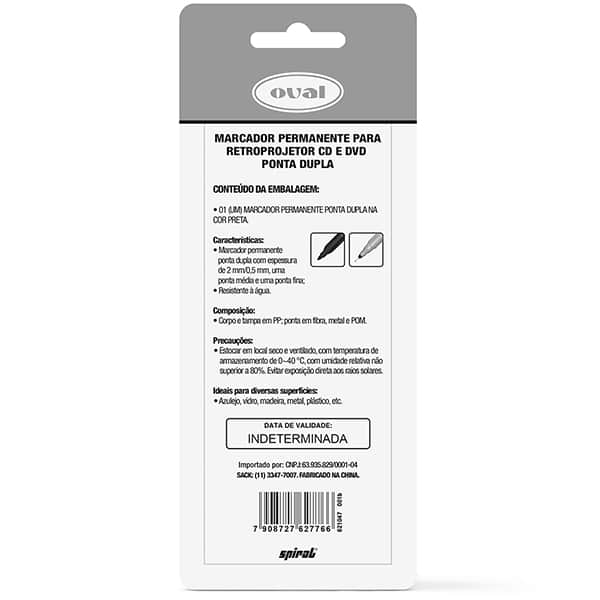 Caneta para retro-projetor CD e DVD, Ponta dupla de 0,5mm e 2,0mm, Preto, PY108201, Oval - BT 1 UN