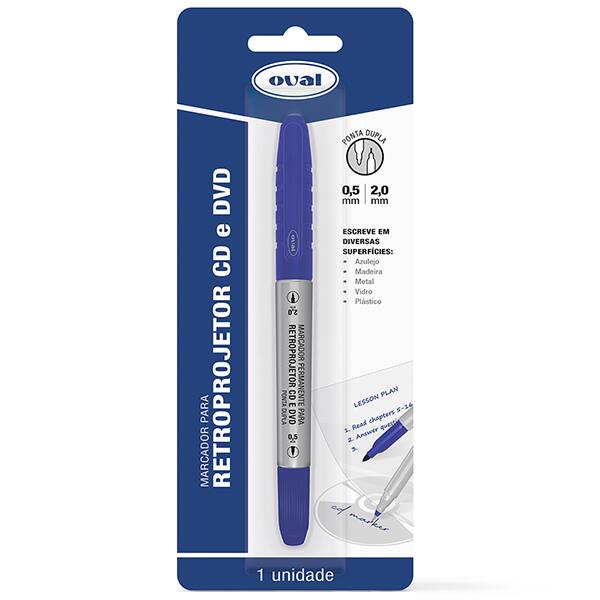 Caneta para retro-projetor CD e DVD, Ponta dupla de 0,5mm e 2,0mm, Azul, PY108201, Oval - BT 1 UN