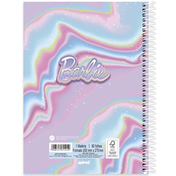 Caderno Universitário Capa Dura, 1 x 1, 80 Folhas, Barbie, 2515459, Spiral Brb - PT 1 UN