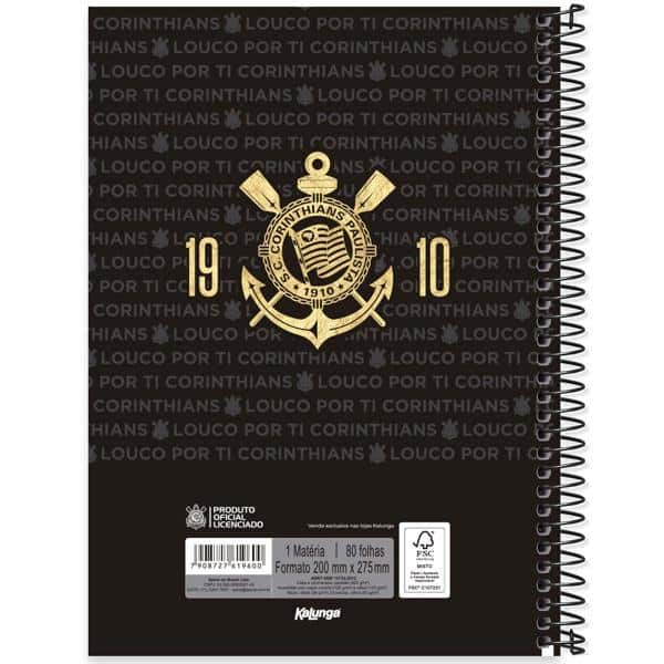 Caderno Universitário Capa Dura 1x1 80 Folhas Corinthians Spiral - PT 1 UN