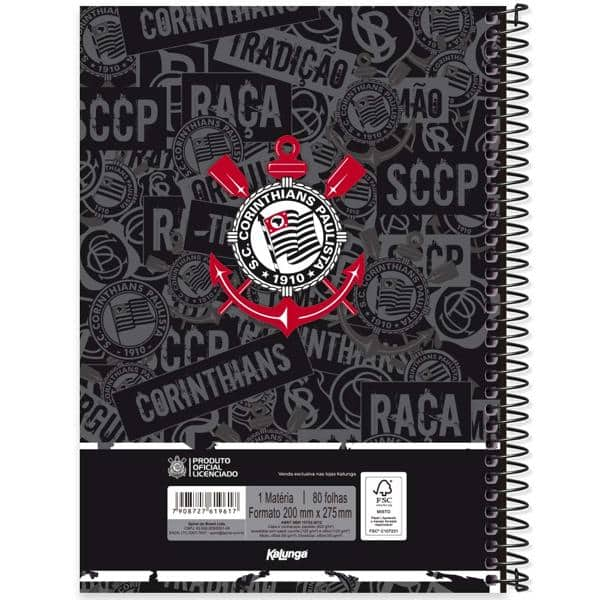 Caderno Universitário Capa Dura 1x1 80 Folhas Corinthians Spiral - PT 1 UN