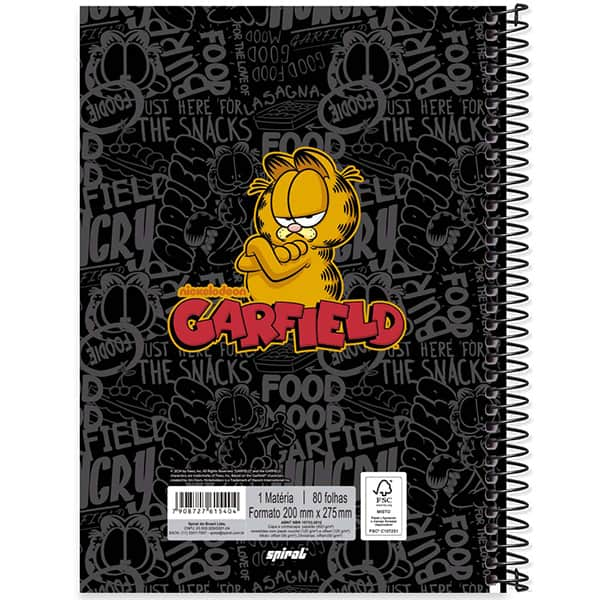 Caderno Universitário Capa Dura, 1 x 1, 80 Folhas, Garfield, 2515404, Spiral Gar - PT 1 UN