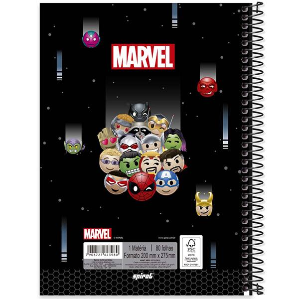 Caderno Universitário Capa Dura, 1 x 1, 80 Folhas, Marvel Emoji, 2523980, Spiral Mve - PT 1 UN