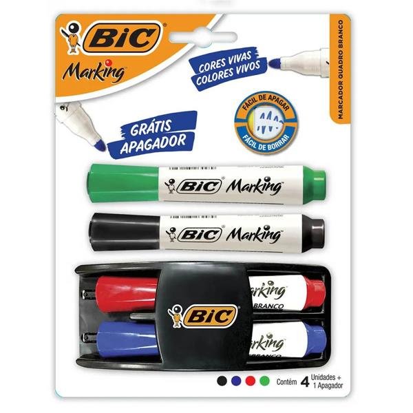 Kit 4 Marcadores de Quadro Branco BIC Marking Cores Clássicas + 1 Apagador, Ponta Resistente, Apaga Fácil, 970929 - BT 1 UN