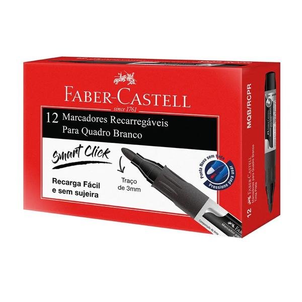 Pincel Marcador Quadro Branco recarregável, Preto, Faber-Castell - CX 12 UN