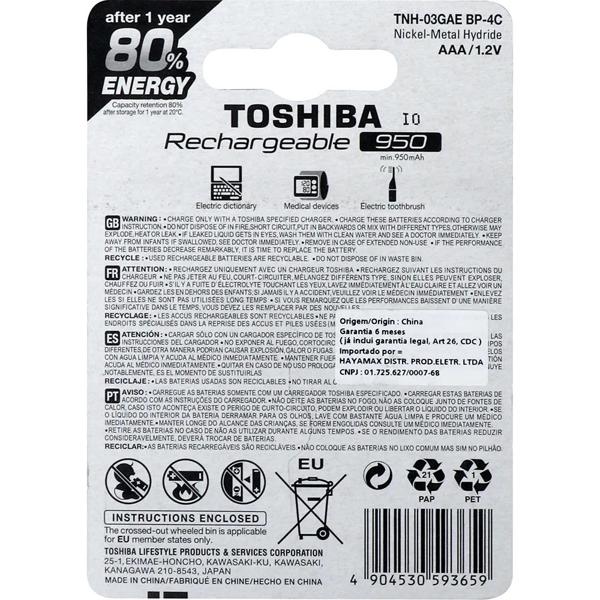 Pilha recarregável AAA 950mAh 72477 Toshiba BT 4 UN