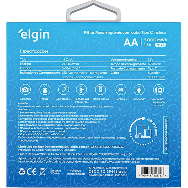 Pilha recarregável AA 1200mAh tipo-C ELE000000082427 Elgin BT 2 UN