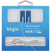 Pilha recarregável AAA 500mAh tipo-C, ELE000000082428, Elgin - BT 2 UN Pilha recarregável AAA 500mAh tipo-C, ELE000000082428, Elgin - BT 2 UN
