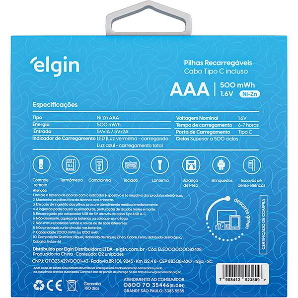 Pilha recarregável AAA 500mAh tipo-C ELE000000082428 Elgin BT 2 UN