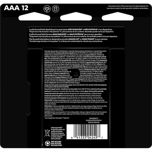 Pilha Alcalina Duracell Palito AAA, Optimum - BT 12 UN