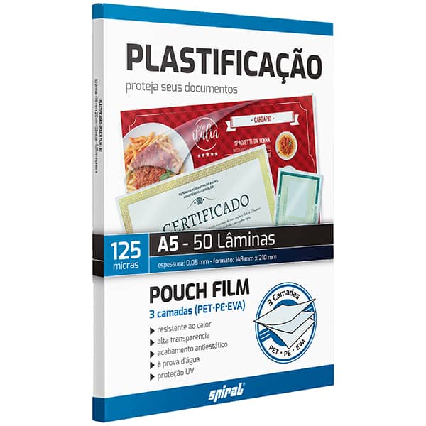 Plástico para plastificação 148x210x0,05 A5 Spiral PT 50 UN Plástico para plastificação 148x210x0,05 A5 Spiral PT 50 UN