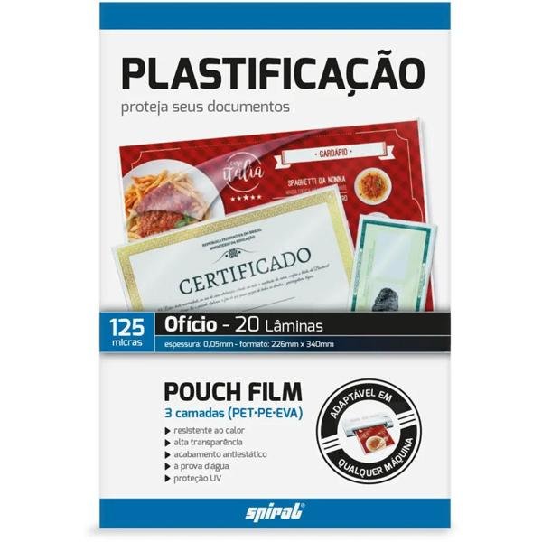 Plástico para plastificação, 125 Micras, 226mm x 340mm x 0,05mm, Ofício, Spiral - PT 20 UN
