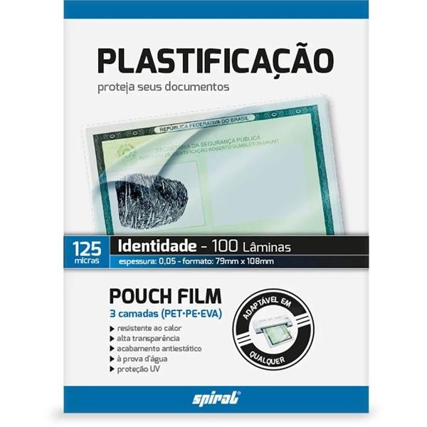 Plástico para plastificação, 125 Micras, 79mm x 108mm x 0,05mm, Identidade, Spiral - PT 100 UN