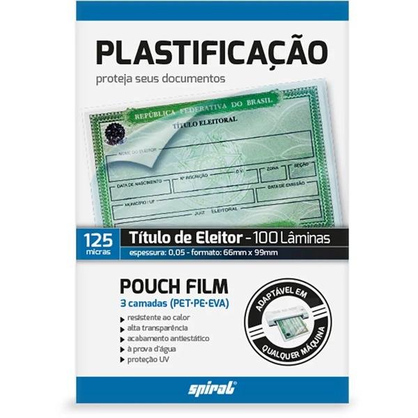 Plástico para plastificação, 125 Micras, 66mm x 99mm x 0,05mm, Título de Eleitor, Spiral - PT 100 UN