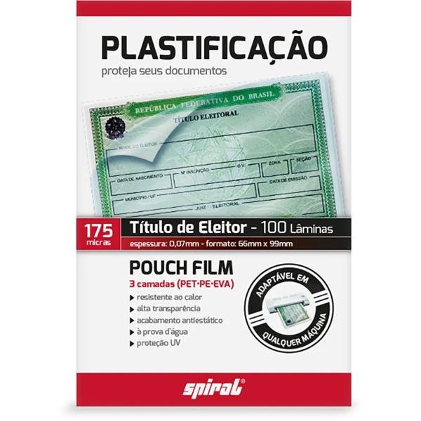 Plástico para plastificação, 175 micras, 66mm x 99mm x 0,07mm, Titulo de eleitor, Spiral - PT 100 UN