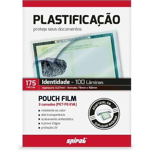 Plástico para plastificação, 175 Micras, 79mm x108mm x 0,07mm, Identidade, Spiral - PT 100 UN