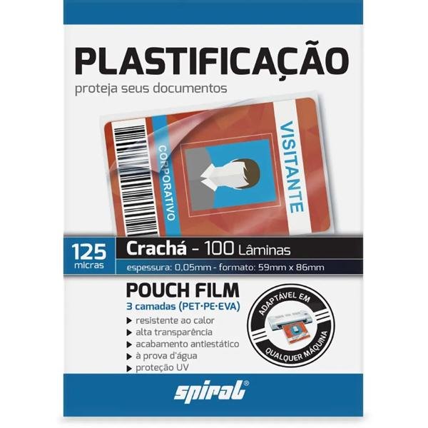 Plástico para plastificação, 125 Micras, 59mm x 86mm x 0,05mm, Crachá, Spiral - PT 100 UN