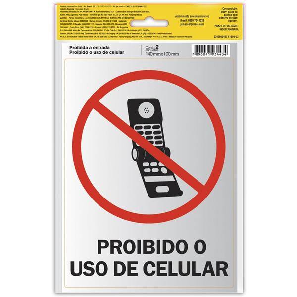 Placa p/ sinalização 14x19 proibida entrada/celular 891743 Pimaco PT 2 UN