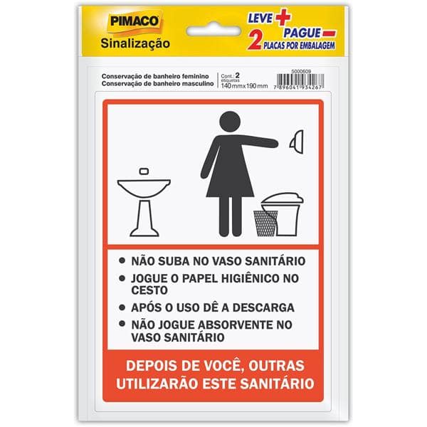 Placa p/ sinalização 14x19 banheiro feminino/masculino 891748 Pimaco PT 2 UN