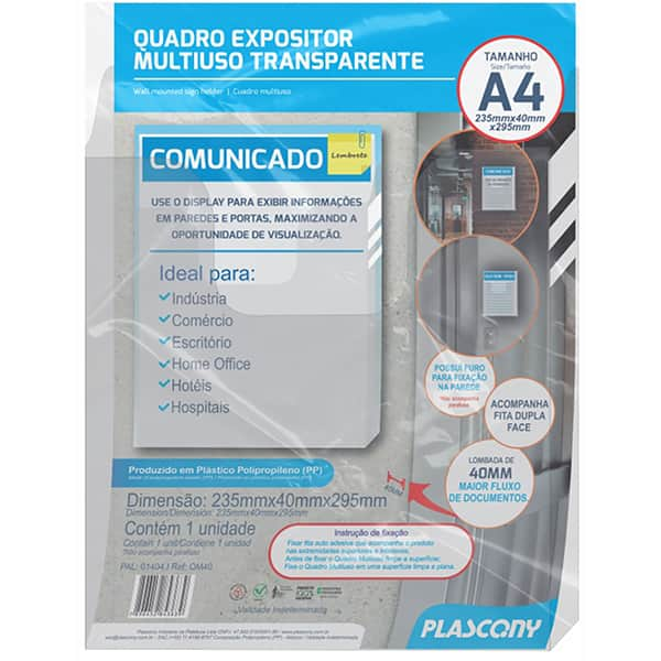 Quadro de aviso A4 transparente PAL-01404 Plascony PT 1 UN