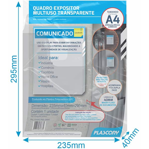 Quadro de aviso A4 transparente PAL-01404 Plascony PT 1 UN