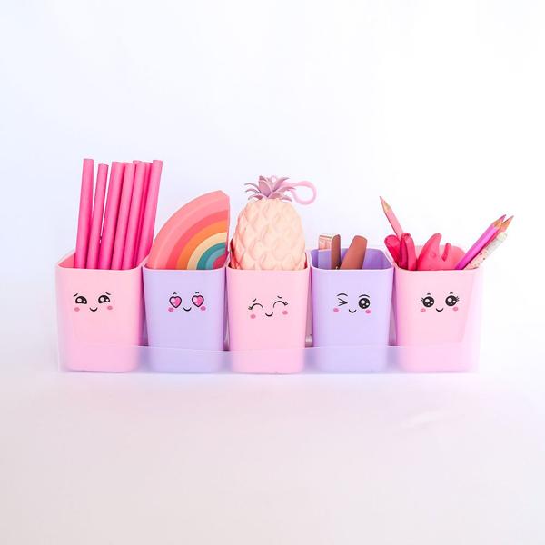 Kit Organizador Doçura com 05 Porta - Objetos Rosa e Lilás Tons Pastel + Adesivos Divertidos, Dello - PT 1 UN