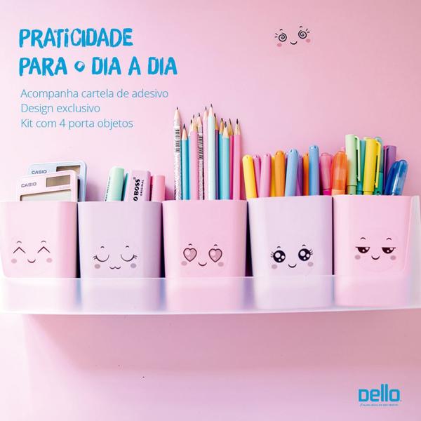 Kit Organizador Doçura com 05 Porta - Objetos Rosa e Lilás Tons Pastel + Adesivos Divertidos, Dello - PT 1 UN