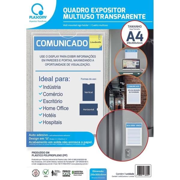 Quadro Expositor Multiuso, A4, Plástico, QMA4, Premium, Transparente, Plascony - PT 1 UN