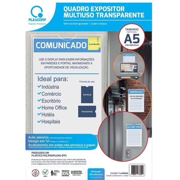 Quadro Expositor Multiuso, A5, Plástico, QMA5, Premium, Transparente, Plascony - PT 1 UN